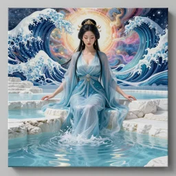 Portrait of 20yo Japanese Goddess of the Multiverse, captivating, rule of thirds, majestic, set on Original modern mural of a flowy thermal waters flowing down white travertine terraces, created by James Jean, octane render, mutiversal tsunami, visually stunning, cinematic, serene, beautiful, printed on reflective chrome canvas