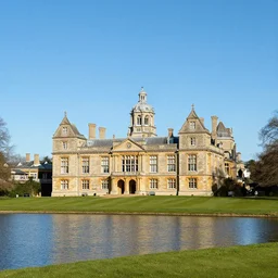 photograph of a grand victorian college building in the countryside by a large lake. well lit and blue sky