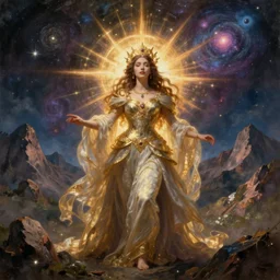 detailed artistic scene of theme, a dreaming queen, in the background with mountains and universes, detailed artistic scene of styles expressive, powerful