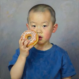 bald chinese boy holding a donut, impressionist painting art