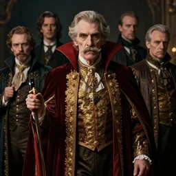 dracula as an old man with a moustache wearing royal clothing 4 k, concept art, by wlop, ilya kuvshinov, artgerm, krenz cushart, greg rutkowski, pixiv. cinematic dramatic atmosphere, sharp focus, volumetric lighting, cinematic lighting, studio quality