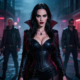 a 2 8 mm closeup photo of megan fox posing as a vampire in emo clothing in a street in a misty night in louisiana, intricate, hyper detailed, smooth, high contrast, neon, volumetric lighting, octane, moebius, greg rutkowski, blade runner, ripley scott, mad max, cindmatic