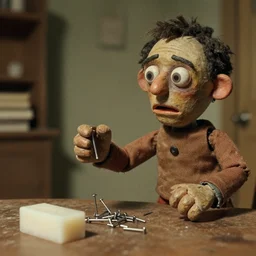 still from a full - color 1 9 9 3 surreal creepy live - action stop - motion puppetry film by fred stuhr in the style of a tool music - video, involving nails and soap.