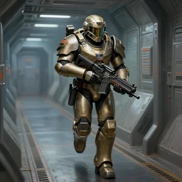 armor - plated soldier carrying a plasma rifle, running down the corridor of a spacecraft, art by emmanuel shiu