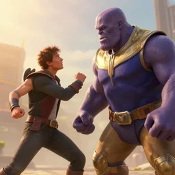 mordecai fighting thanos, color grading, camcorder effect, side - view, warm color palette, colorful, technicolor, 3 d, sunlight, mist, ray tracing reflections, post - production, by weta digital, by weta fx, by wlop