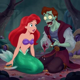 Ariel from the little mermaid as a zombie, rotting, eating prince Eric, Disney cartoon, gritty, trending on artstation,