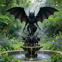 a black demon worshipping a demonic altar atop a fountain in a lush dense verdant garden by norman rockwell and ferdinand knab and gil elvgren, bat wings, mist, hyperrealism, volumetric lighting, god rays, ultrafine details, sfumato, purple flowers, overgrown