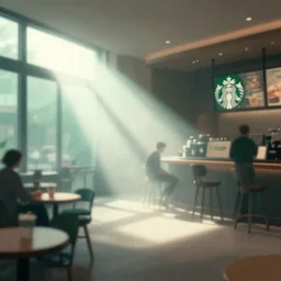 editorial illustration by karolis strautniekas and mads berg, starbucks interior, fog, fine texture, detailed, green white brown muted colors, dramatic lighting, dynamic composition, vivid, matte print, wide angle, ( ( sunbeams ) ), moody