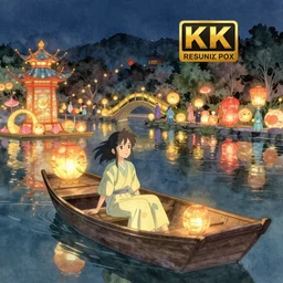 grand river lantern festival, a beautiful girl is sitting on the boat, chinese watercolor style, trending on artstation, global illumination, radiant light, night lighting, fantasy art by makoto shinkai, lois van baarle, ilya kuvshinov, rossdraws and tom bagshaw, detailed and intricate environment, 8 k