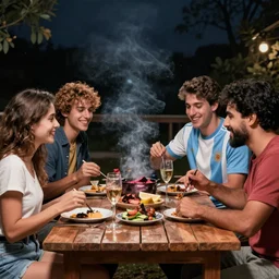 a photo of some argentine friends eating a barbecue at night