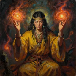 a beautiful painting of a shaman conjuring spirits. Intense lighting and magic spells. Masterpiece, 4k, trending on artstation.