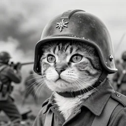 Close up of a cat wearing soldier helmet in the battle, ww2 historical photography, black & white, photorealistic, high detailed