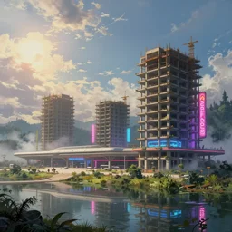 a beautiful photorealistic painting of unfinished building architecture airport by adolf loos, morning sun forest vaporwave fantasy neon signs lake reclaimed by nature at night vice city anime at dawn assassin's creed crystal steampunk retrowave, archdaily, wallpaper, highly detailed, trending on artstation.