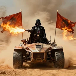 Darth Vader standing on a driving armored post apocalyptic battle car in the desert and firing a flamethrower, Mad Max Fury Road, film, sandstorm, fire, realistic, center frame, symmetrical, spikes, flags, dust