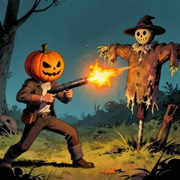 Man with pumpkin head! holding a flamethrower!!!!! fighting a scarecrow! comic style