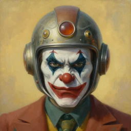 breathtaking soft painting of angry clown with an intricate retrofuturistic helmet in a golden sky, realistic symmetrical face features, rembrandt style, elegant, highly detailed, artstation, concept art, matte, sharp focus, art by tom bagshaw, and greg rutkowski