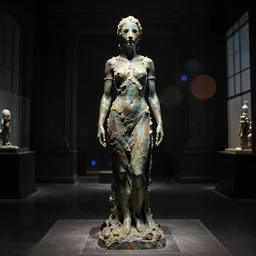 the full body shot of sculture of woman in bronze mask covered with wax inside the dark room without doors and windows | interstellar movie by ridley scott with cinematogrophy of christopher doyle and art direction by hans giger, anamorphic bokeh and lens flares, 8 k, higly detailed masterpiece