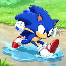 sonic the hedgehog slipping in to a water puddle