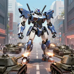 six meters tall mech shooting at tanks in a crowded street, action scene, high quality gloss art, anime, futuristic kitbash, trending on artstation, octane render