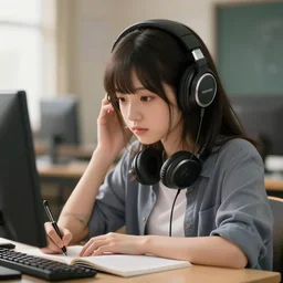 anime girl studying with headphones on, realistic, 8 k, extremely detailed, cgi, trending on artstation, hyper - realistic render, by greg rutkowski