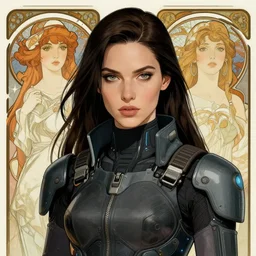 woman with long dark hair wearing cyberpunk clothing, high detail, crisp shading, in the style of greg rutkowski and alphonse mucha and andree wallin, portrait