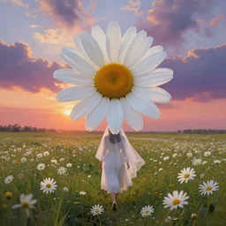 large white daisy flower face, girl with veil walking in a flower field, surreal photography, sunrise, dramatic light, impressionist painting, colorful clouds, digital painting, artstation, simon stalenhag