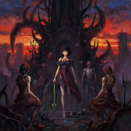 baroque oil painting of anime key visual environment of a hell in a cyberpunk world, brutalist, dark fantasy, sunset, rule of thirds, digital cel shading, fake hidden detail, trending on pixiv fanbox, style of makoto shinkai studio ghibli jamie wyeth james gilleard greg rutkowski