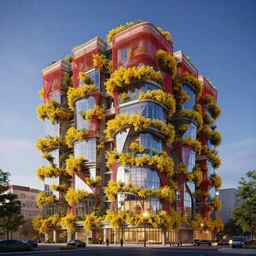 multistory building, full of yellow flowers flowers, glass openings, fractal, red mesh in the facede, daniel libeskind, housing architecture, classical architecture, brutalist architecture, blue hour, archviz, cgi, trending on artstation, architecture visualization, corona renderer, unreal engine, ray tracing, cinematic