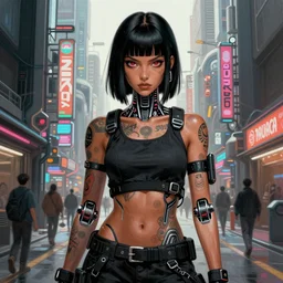 gorgeous!! hyper - realistic demon girl with tan skin, short black hair, long bangs, mangekyo sharingan eyes, tattoos, cybernetic implants | wearing modern streetwear, techwear | standing in the streets of a futuristic city, neo - japan | intricate, digital painting, illustration, photorealistic, grunge, ultra graphics | drawn by wlop, drawn by jeehyung lee, drawn by argerm