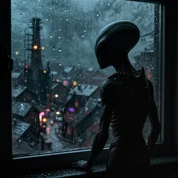 50mm shot of a shadowy alien creature, Inside of a rainy window looking out on to a dark scary village with industrial lights