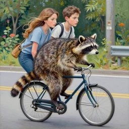 a raccoon riding a bicycle. intricate painting by ross tran, magali villeneuve, and jeremy mann.