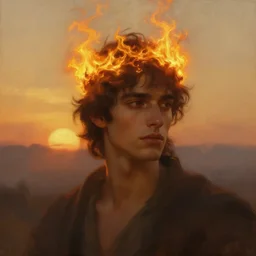 oil painting of a handsome young man with dark hair, wearing a crown of fire!! at sunset, hazy, digital art, chiaroscuro, artstation, cinematic, golden hour, digital art painting by greg rutkowski, william - adolphe bouguereau, hazy atmosphere, cinematic lighting