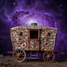 a gypsy caravan, outer space, purple nebula in background, bold natural colors, national geographic photography, masterpiece, 8 k, raw, unedited, symmetrical balance
