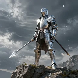 fantasy knight in polished shiny armor staying on the cliff, strong wind, zudarts lee style, diamond dust, cinematic, wide shot, dramatic light, artstation, unreal engine 5, volumetric light, sharp focus
