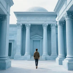 pov one man walking in a ancient neoclassical building, light blue troglodyte temples in a deep spiral pit, by andrei rublev, high quality, high detail, ornemental, restored