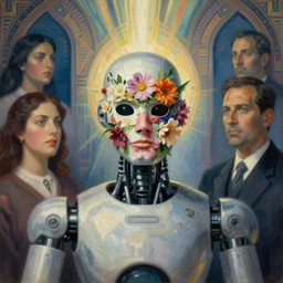 masterpiece painting of an android robot wearing a mask made of flowers, by annie swynnerton and diego rivera and saturno butto, symbolist, dramatic lighting, god rays, elaborate geometric ornament, art brut, soft cool colors, smooth, sharp focus, extremely detailed, adolf wolfli