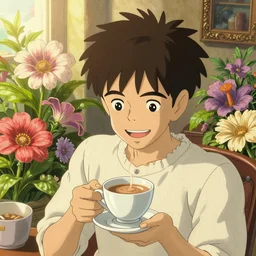 isometric view, guy having chai, happy, flowers, absurdly beautiful, elegant, realistic ultrafine hyperrealistic detailed face illustration by amrita sher - gil and studio ghibli, intricate linework, sharp focus, bright colors, matte, unreal engine highly rendered, global illumination, radiant light, intricate environment
