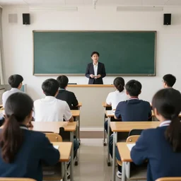 5 0 mm first - person view of the back of some adult college students at their desks facing the front of the class the teacher is standing all people with comically enlarged heads