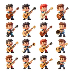 game asset sheet, material study, 2 d sprite, 2 0 5 0 s style psychobilly characters playing instruments