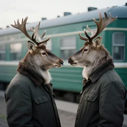 a lomography photo of rumble between two human with deer head in soviet train this morning, bokeh,