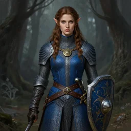 knight female chainmail blue surcoat tabard in the grim forest, elf long weaving brown hair, round medallion, leather gloves, blue surcoat, wide belt scabbard, shield, dnd fantasy, intricate, elegant, highly detailed, digital painting, artstation, concept art, matte, sharp focus, illustration, hearthstone, art by artgerm and greg rutkowski and alphonse mucha