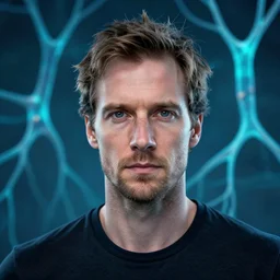portrait of alexander skarsgard with the dendrites of the neurons are stained cyan