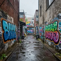 graffiti filled alley in the rain, unreal engine,