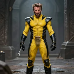 mads mikkelsen as a wolverine from marvel's the x - men, black and yellow leather suit, grim facial expression, high medieval fantasy, full color digital art, cinematic shot, portrait, wide shot.