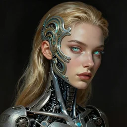 supermodel woman turning into an android portrait, dark surrealism, scifi, intricate, ornate, elegant, sharp eyebrows, blonde hair, highly detailed cybernetic body, neon glowing eyes, digital painting, artstation, concept art, smooth, sharp focus, illustration, art by artgerm and moebius and alphonse mucha