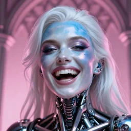 high quality photo close-up of gothic cyborg woman laughing with white hair and pearlescent blue skin key sage wayne barlowe very soft pink neon lighting on one side wide angle 35mm shallow depth of field 8k