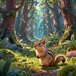 a single realistic chipmunk, sitting in a psychedelic forest, wide angle landscape shot, pixar style by tristan eaton, artgerm and tom bagshaw