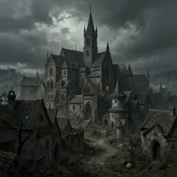 beautifully drawn concept art of an old medieval mystic town : : dramatic mood, overcast mood, dark fantasy environment : : trending on artstation, unreal engine, digital art