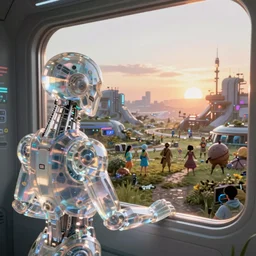 a cinematic composition depicting : we're looking aside of a a translucid crystal android being, whos is behind their hud viewing out of their window how a high tech lush solarpunk tribe collaborating with their technologic android helpers encroaching on a distant cyberpunk world at sunrise
