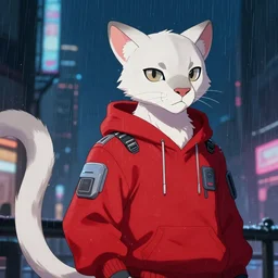character portrait of a male anthro albino mountain lion fursona with a tail and a cute beautiful attractive furry face wearing a red cyberpunk hoodie in a cyberpunk city at night while it rains. hidari, color page, tankoban, 4K, tone mapping, Akihiko Yoshida.